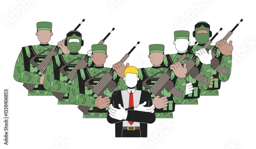 Military dictatorship and political control 2D illustration concept. Faceless politician dictator surrounded by armed soldiers cartoon characters isolated on white. Flat abstract vector graphic