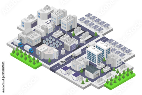 Solar panels and electricity grid isometric