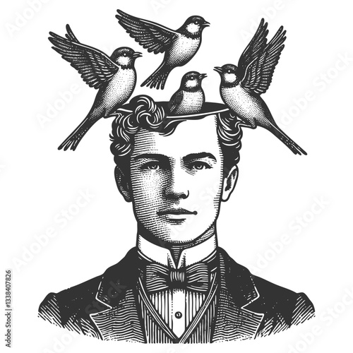 man in formal attire with an open head, from which birds are flying, symbolizing creativity and imagination sketch engraving generative ai vector illustration. Scratch board. Black and white image.