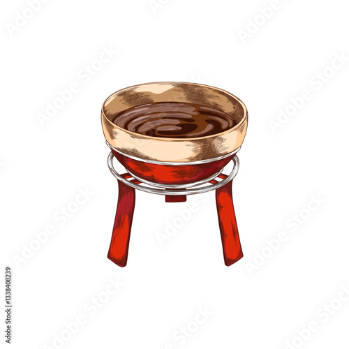 Fondue bowl on stand with melted dark chocolate or cacao cream cheese hand drawn vector illustration, yogurt bowl sketch