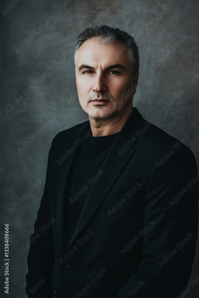 Confident mature man in black suit looking serious with stylish short gray hair and light stubble, posing against a neutral background for business, fashion, and lifestyle concepts Confident mature man in black suit looking serious with stylish short gray hair and light stubble, posing against a neutral background for business, fashion, and lifestyle concepts