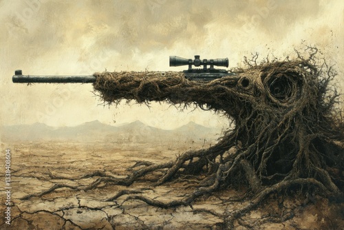 Rifle Camouflaged with Roots in Arid Landscape, Symbolizing Nature and Warfare, Surreal Art Concept