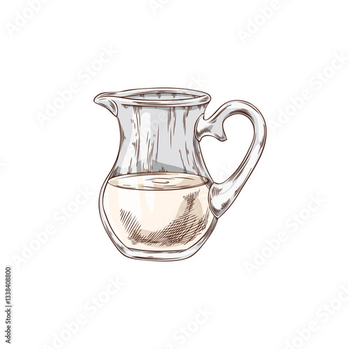 Vector watercolor illustration of glass jug sketch with liquid, hand drawn.