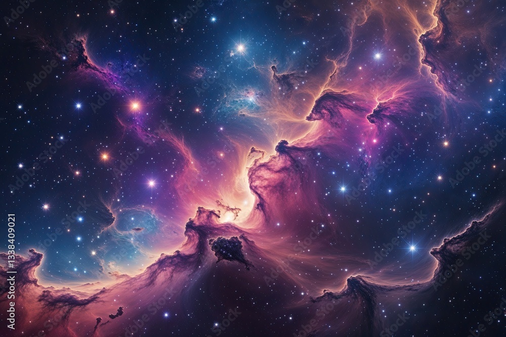 Fototapeta premium Stunning Colorful Nebula with Twinkling Stars and Cosmic Dust in Vibrant Celestial Panorama