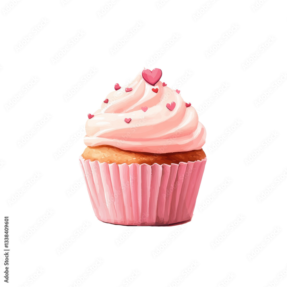 delicious cupcake with pink frosting is adorned with small heart shaped sprinkles, creating sweet and charming appearance. cupcake is set in pink wrapper, enhancing its delightful presentation delicious cupcake with pink frosting is adorned with small heart shaped sprinkles, creating sweet and charming appearance. cupcake is set in pink wrapper, enhancing its delightful presentation