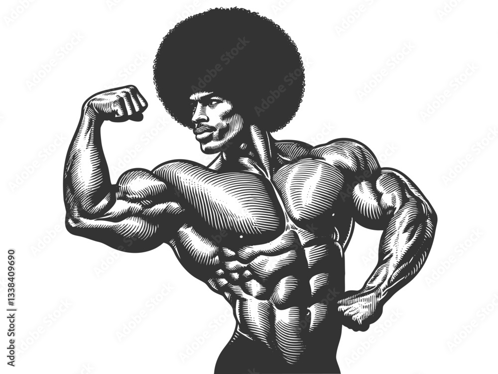 highly muscular man with an afro hairstyle flexing his bicep, symbolizing strength, fitness, and bodybuilding sketch engraving generative ai vector illustration. Scratch board. Black and white image. highly muscular man with an afro hairstyle flexing his bicep, symbolizing strength, fitness, and bodybuilding sketch engraving generative ai vector illustration. Scratch board. Black and white image.