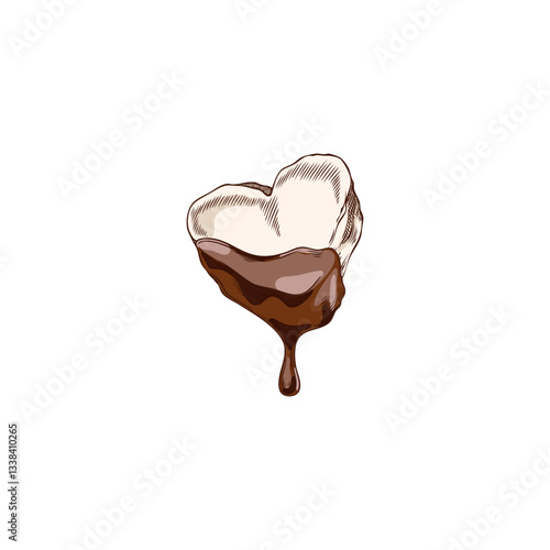 Heart shaped marshmallow dipped in hot chocolate fondue.