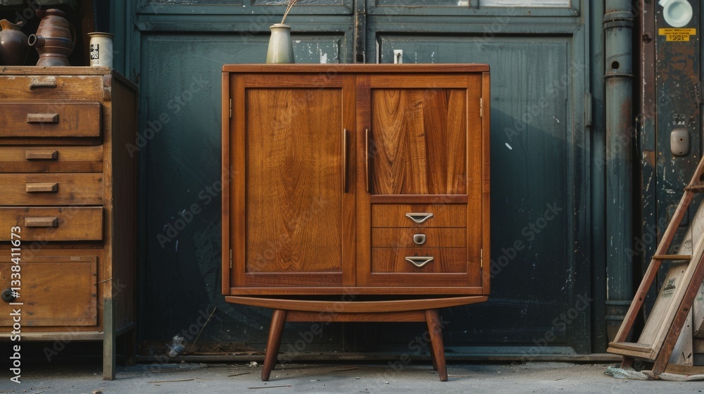 Fototapeta premium A wooden cabinet with a white vase on top of it