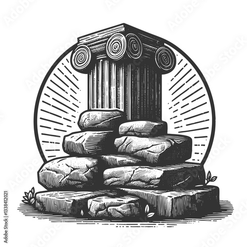 Ionic Roman Greek column capital intricate acanthus leaves and scroll volutes, in engraving style sketch engraving generative ai vector illustration. Scratch board imitation. Black and white image.