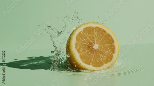 A refreshing splash of water surrounding a yellow lemon, with a solid light green background, offering a clean and invigorating look.