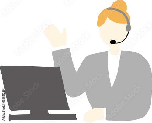 インカムをした女性オペレーターのフラットイラスト