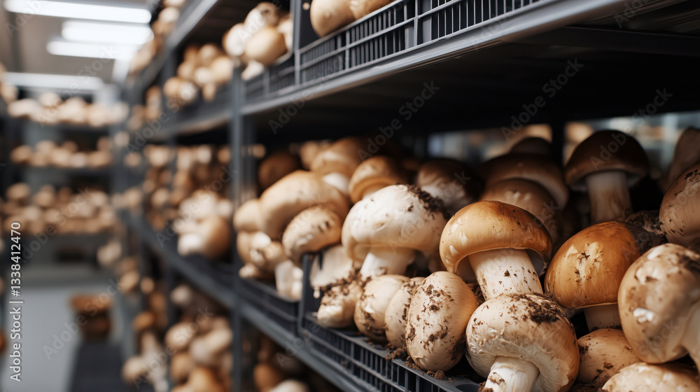 Fresh brown champignon mushrooms in plastic storage boxes in a vegetable base or restaurant