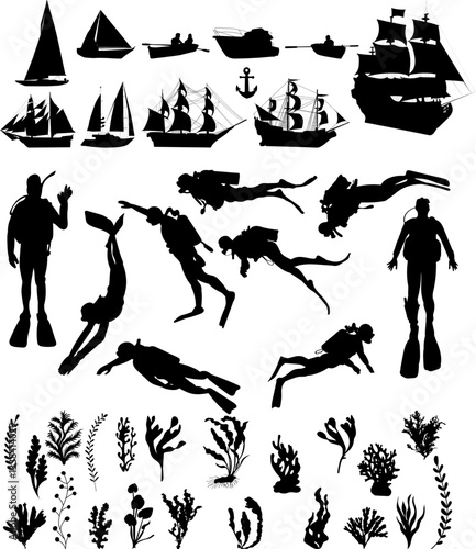 scuba divers and ships set, silhouette vector collection on white background
