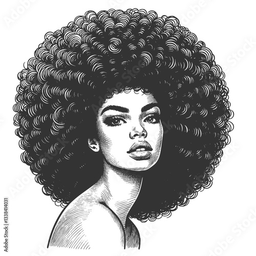 woman with a voluminous afro hairstyle and hoop earrings, exuding strength, beauty, and vintage artistic elegance sketch engraving generative ai vector illustration. Scratch board. Black and white.
