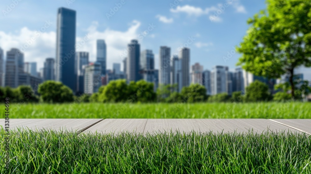 Obraz premium Urban Landscape Merging Green Elements with Modern Architecture Showcasing a City Skyline and Lush Grass in a Bright Blue Sky