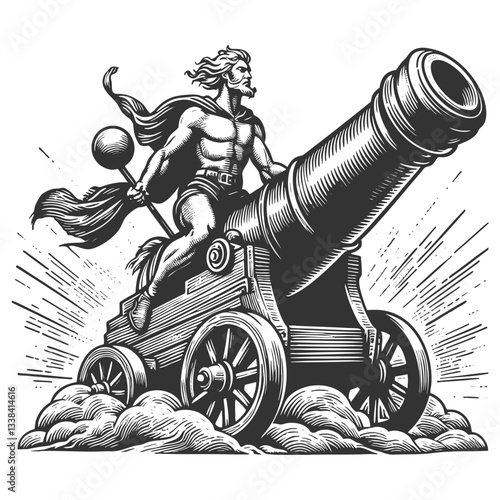 muscular warrior with flowing hair and a cape, dramatically riding a massive cannon, symbolizing power and heroism sketch engraving generative ai vector illustration. Scratch board. Black and white.