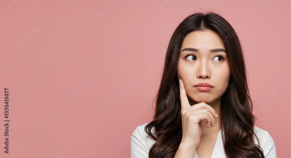 A thoughtful woman with long brown hair, looking upward with her hand on her chin, against a pink background 06 A thoughtful woman with long brown hair, looking upward with her hand on her chin, against a pink background 06