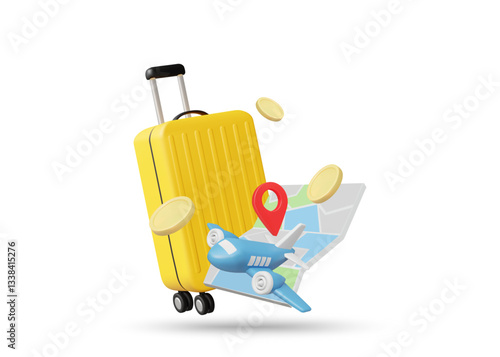 3D illustration vector render of suitcase, airplane, coins, map and coordinate pin icons. Concept of travel expense planning, budget management for separate trip on white background.