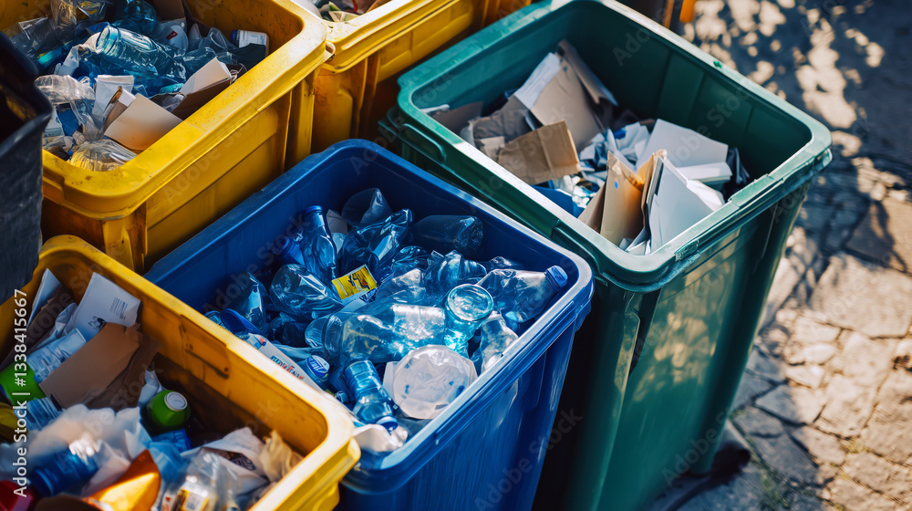 Colorful recycling bins full of glass, plastic and paper. Recycling bins in the street. Recycle Environment for green world concept.
