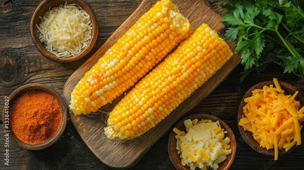 Fototapeta premium An artistic arrangement of ingredients for hot cheese corn, including fresh corn, cheese, and spices, beautifully displayed on a rustic wooden board.