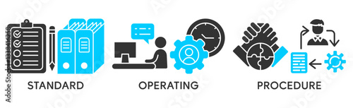 SOP banner web icon vector illustration concept for the standard operating procedure with an icon of instruction, quality, manual, process, operation, sequence, workflow, iteration, and puzzle