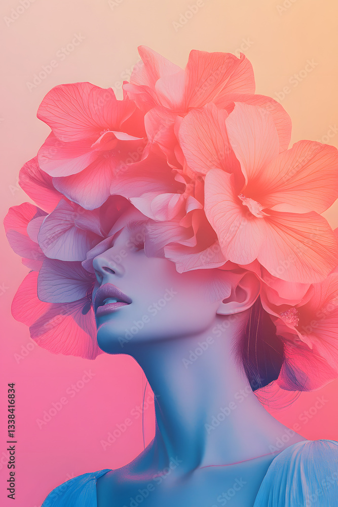 Vibrant Illustration of a Female Model Adorned with Large Flowers on a Pink Background with Blue and Pink Gradients Vibrant Illustration of a Female Model Adorned with Large Flowers on a Pink Background with Blue and Pink Gradients