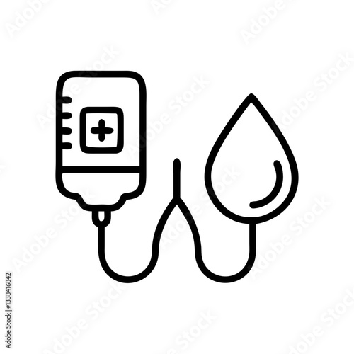 line art illustration depicting a blood bag with a blood drop, symbolizing blood donation and medical treatment.