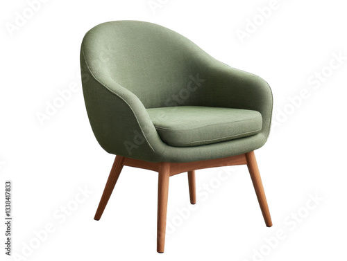 Stylish green chair with wooden legs for modern interiors on a transparent background, cut out
