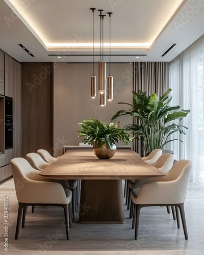 Modern Dining Room with Elegant Lighting and Leafy Green Plant