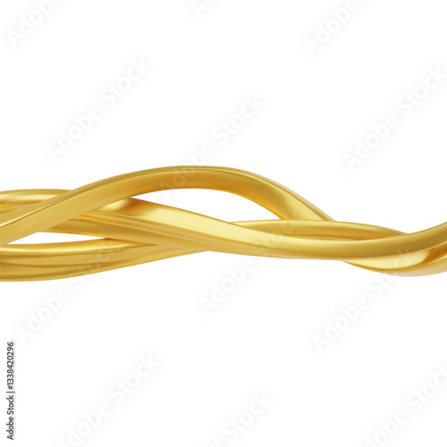 Golden twisted ribbons on white, horizontal yellow intertwined wave shapes, curvy metal lines stream vector 3D design
