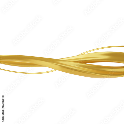 Golden twisted ribbons on white, abstract intertwined wave shapes, curvy yellow metal lines stream vector 3D background