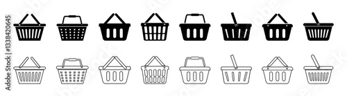 Empty shopping basket icons set. Buy sign. Internet shop or store. Plastic shop basket with hand 