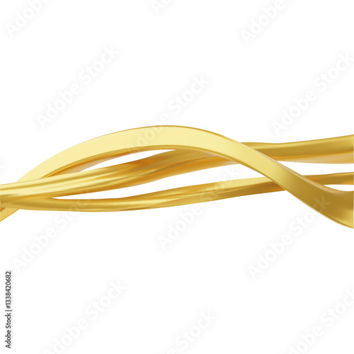Golden twisted ribbons on white, abstract yellow intertwined wave shapes, curvy metal lines stream vector 3D background