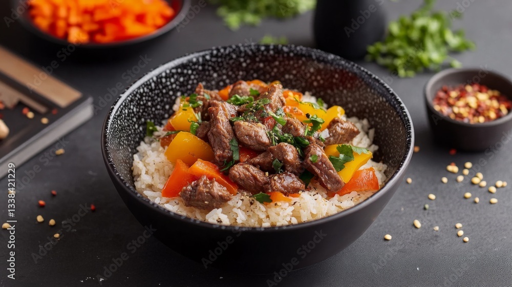 An artistic shot of a generous serving of beef rice in a deep bowl, with colorful vegetables like bell peppers and carrots, creating a vibrant and appetizing display. An artistic shot of a generous serving of beef rice in a deep bowl, with colorful vegetables like bell peppers and carrots, creating a vibrant and appetizing display.