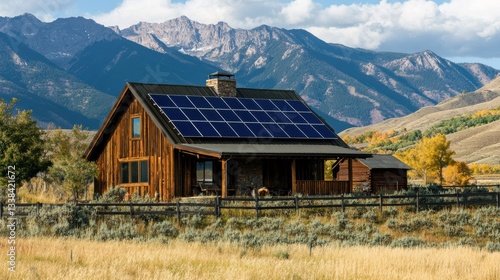 Solar Panels Mounted on Rural Home with Mountain Background