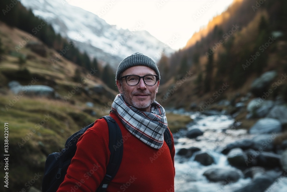 A man with a backpack, in a red sweater, takes a selfie during a trip, standing against the backdrop of a mountain. The man enjoys the picturesque view. The concept of traveling, active lifestyle A man with a backpack, in a red sweater, takes a selfie during a trip, standing against the backdrop of a mountain. The man enjoys the picturesque view. The concept of traveling, active lifestyle