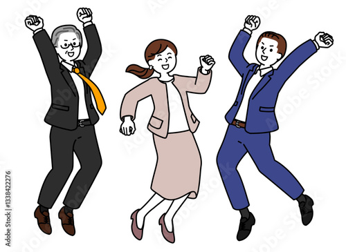 Energetic office workers. Jumping woman, jumping man, jumping older man.　元気なビジネスマン,元気なオフィスレディ