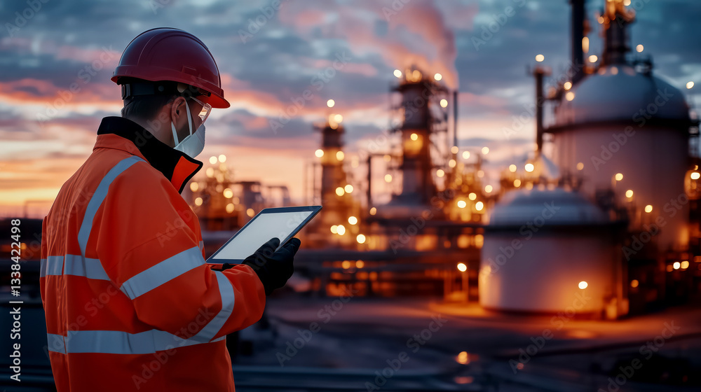 Male worker in protective clothing and helmet with digital tablet near oil refinery