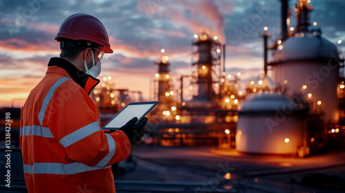 Obraz na płótnie Male worker in protective clothing and helmet with digital tablet near oil refinery w salonie