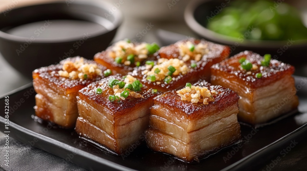 An artistic shot of crispy pork belly garnished with fried garlic and served with a side of tangy fish sauce, emphasizing the dish's rich flavors and appealing presentation. An artistic shot of crispy pork belly garnished with fried garlic and served with a side of tangy fish sauce, emphasizing the dish's rich flavors and appealing presentation.
