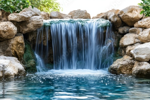 Serene Waterfall Cascading into Clear Pool Rocks and Lush Greenery