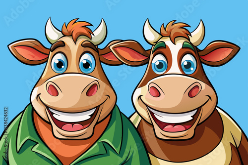 two cow portrait with fashion wear in isolated background cartoon