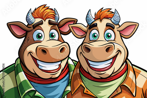 two cow portrait with fashion wear in isolated background cartoon