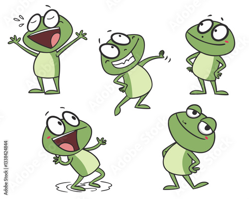 Playful and funny green frog cartoon character, designed with a charming expression and isolated on a clean white background
