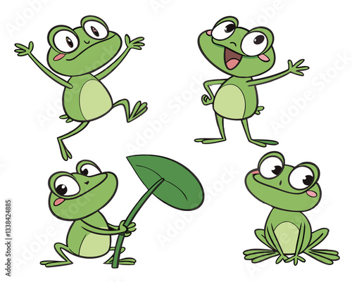 Playful and funny green frog cartoon character, designed with a charming expression and isolated on a clean white background
