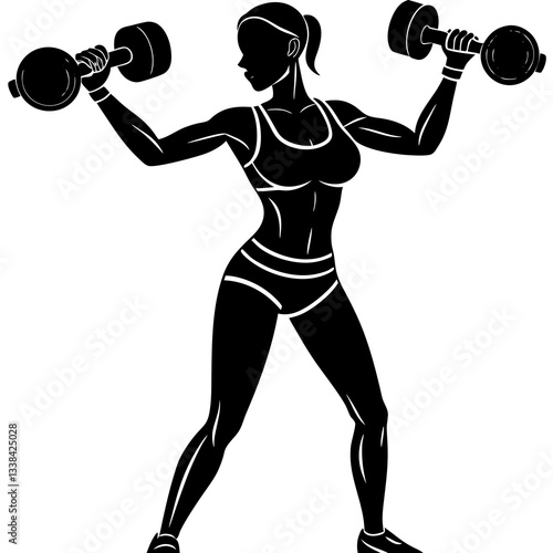 Silhouette of a woman performing a workout with dumbbells, symbolizing strength, fitness, and determination