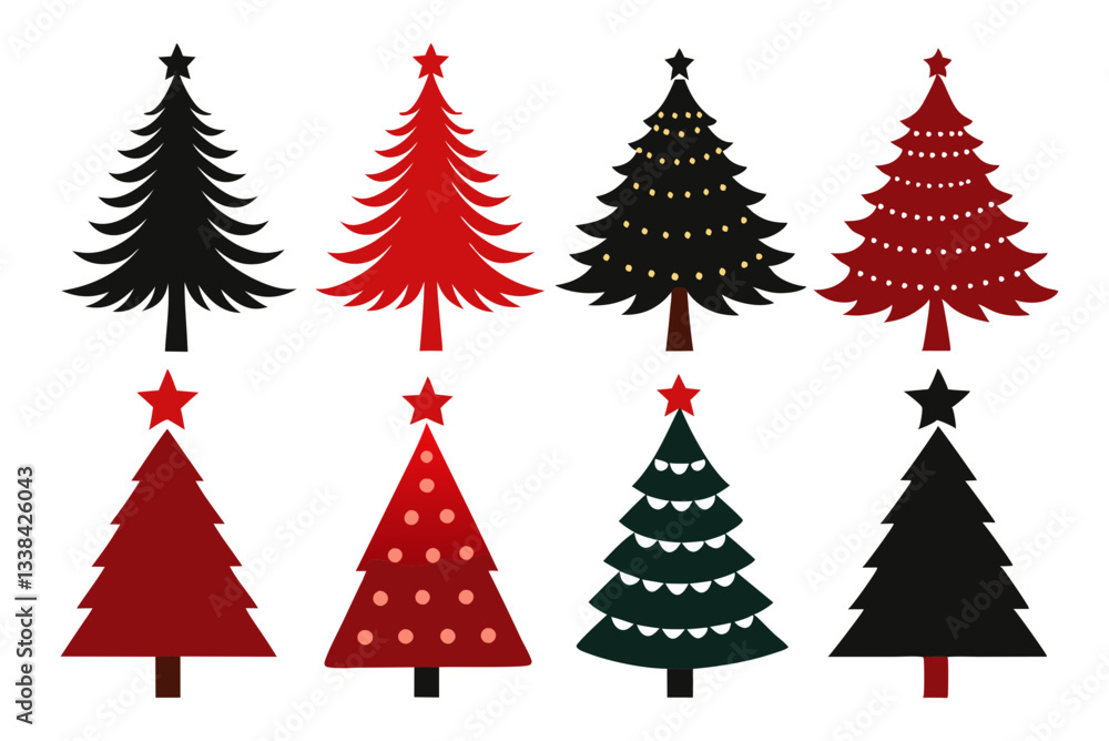Obraz premium A collection of elegant Christmas tree silhouettes, featuring various shapes and styles, isolated on a clean white background 