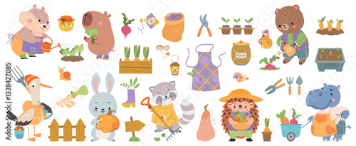 Animals working in garden. Cute animal watering plants, harvesting vegetables and fruits. Cute bear hedgehog raccoon rabbit. Garden nowaday vector characters