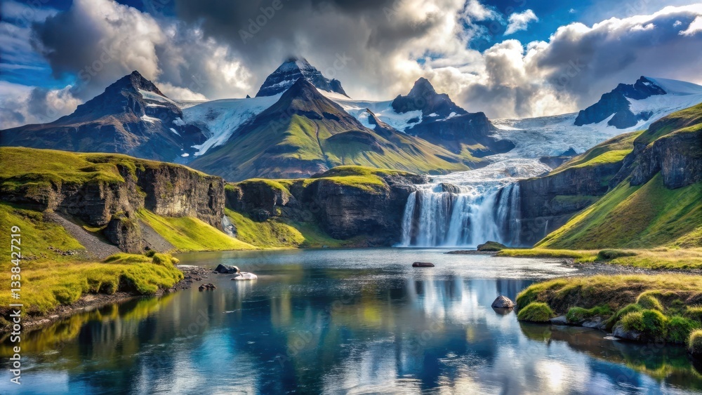 Obraz premium A serene glacier lake surrounded by majestic waterfalls and towering volcanic peaks in Iceland's vast wilderness , icelandic wilderness, scenic landscape
