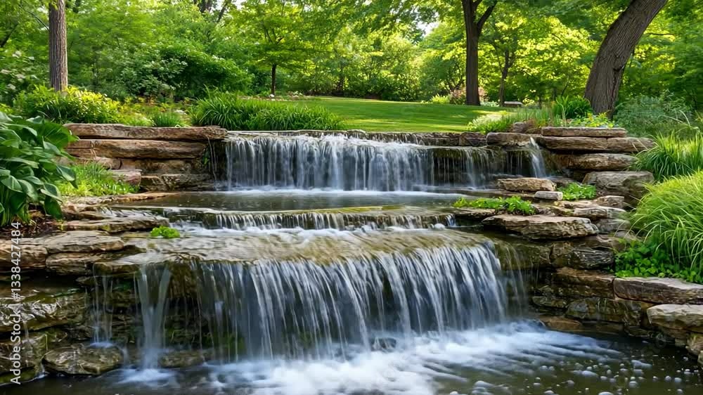 Serene Waterfall Cascades Over Natural Stone Steps in Lush Garden, Surrounded by Vibrant Greenery, Creating Peaceful Outdoor Retreat in Natures Landscape. Serene Waterfall Cascades Over Natural Stone Steps in Lush Garden, Surrounded by Vibrant Greenery, Creating Peaceful Outdoor Retreat in Natures Landscape.